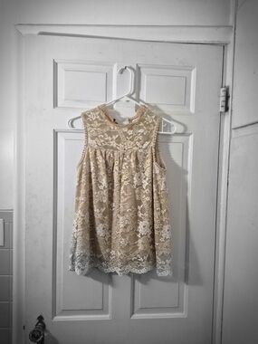Lace Overlay Babydoll Blouse in Beige